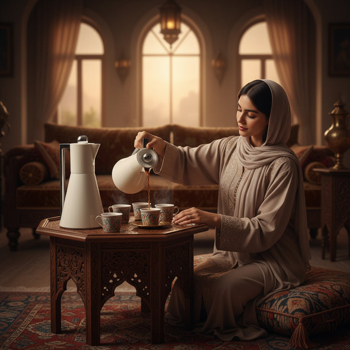 Woman in a hijab pouring coffee into cups on a wooden table in a warm, decorated room.