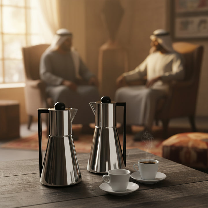 Two stainless steel coffee pots on a wooden table with a cup of coffee, with two people sitting in the background.