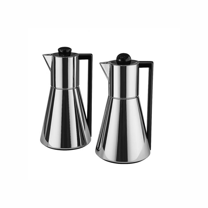 Two silver coffee pots with black handles on a white background