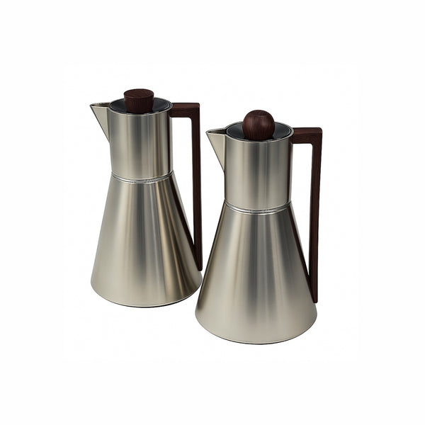 Two stainless steel coffee pots with wooden handles on a white background