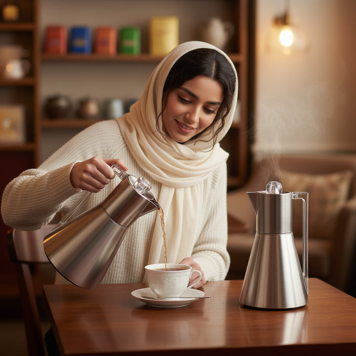 Woman pouring coffee into a cup in a cozy indoor setting