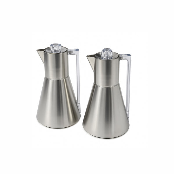 Two stainless steel coffee pots on a white background