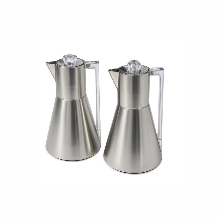Two stainless steel coffee pots on a white background