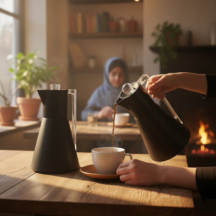 Person pouring coffee into a cup on a wooden table with a warm, cozy background.