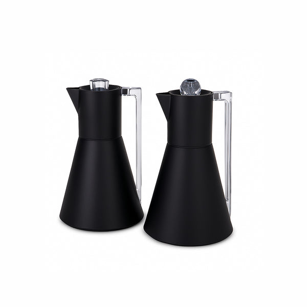 Two black coffee pots with clear handles on a white background