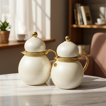 NB6110-A Vacuum Flask 2-Piece Set – 0.5L & 0.7L Pearl White with Gold Accents | Siddiq Gifts Mussafah Abu Dhabi