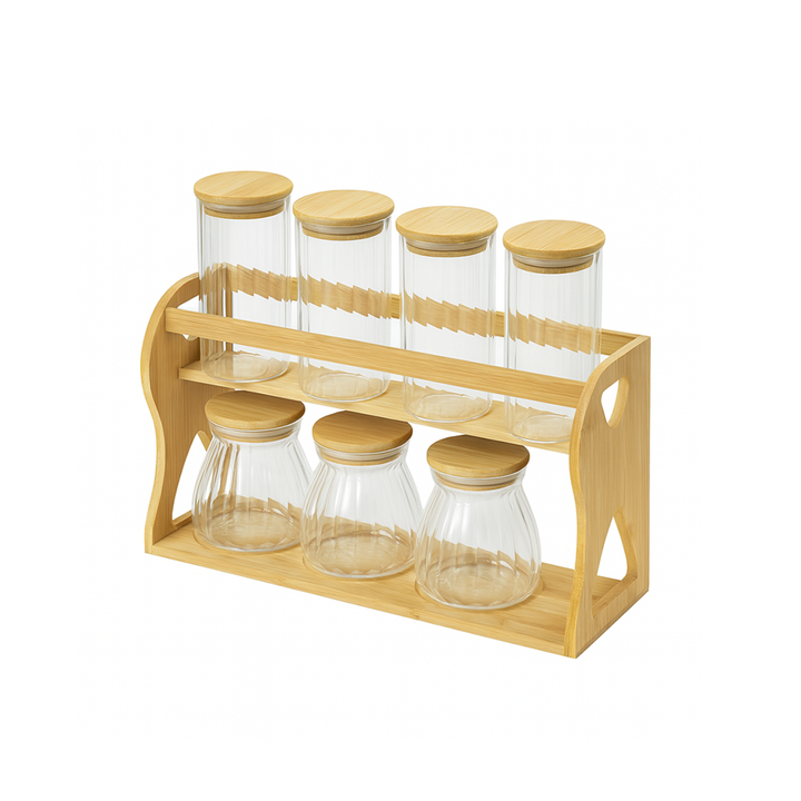 Bamboo spice rack with glass jars on a white background