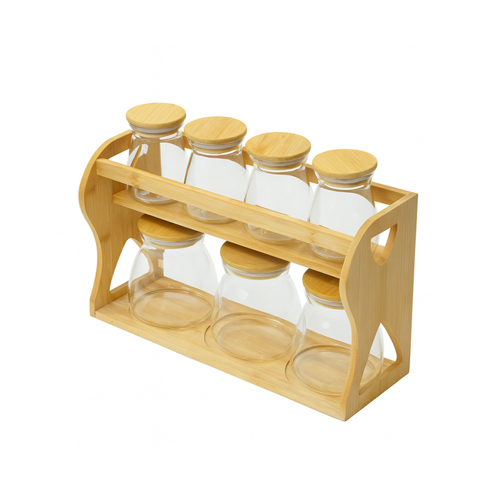 Set of glass jars with wooden lids in a wooden holder on a white background
