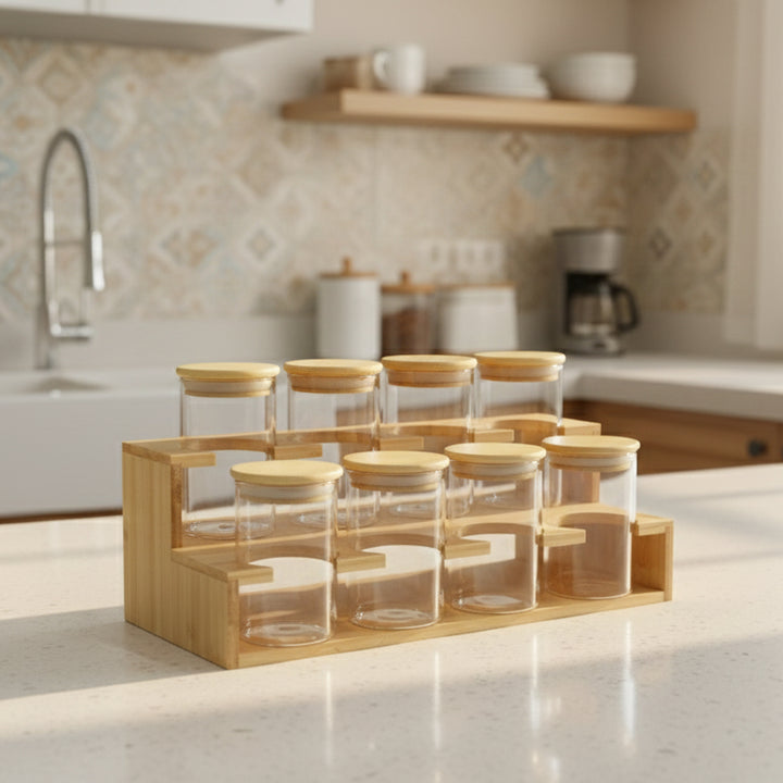Set of glass jars with wooden lids on a kitchen counter