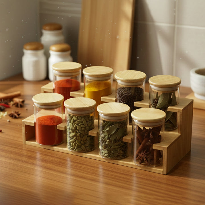 Set of glass spice jars with wooden lids on a wooden stand