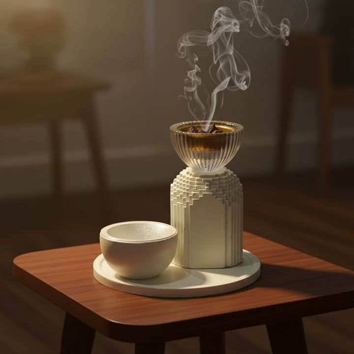 Incense burner with smoke on a wooden table in a softly lit room