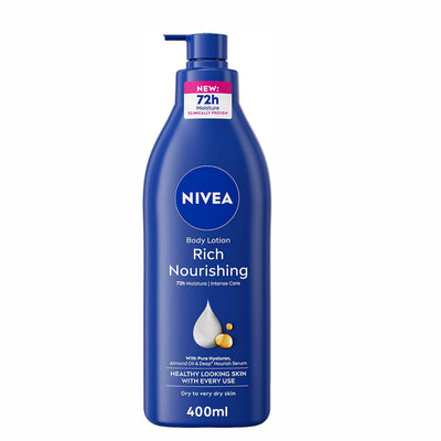 NIVEA Rich Nourishing Body Lotion With Almond Oil And Hyaluron In A 400 Ml Bottle, Designed To Deeply Moisturize And Nourish Dry Skin With Up To 72 Hours Of Moisture At Siddiq Gifts.