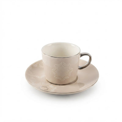 Otantik Octara Porcelain Turkish Coffee Cup Set 12 Pieces 125 ml Beige with Silver Accents Siddiq Gifts