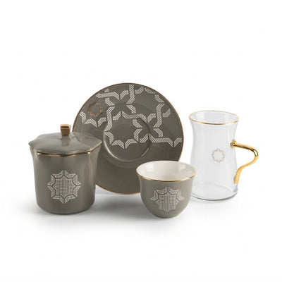 Otantik Octara Tea & Arabic Coffee Set 19 Pieces Grey with Gold Accents Siddiq Gifts