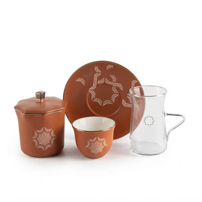 Otantik Octara Tea & Arabic Coffee Set 19 Pieces Matte Red Brown with Silver Accents Siddiq Gifts