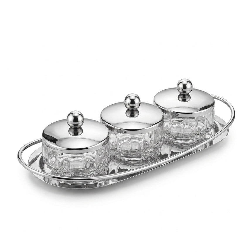SBTC514 Oval Serving Tray with Glass Bowls – 4 Pieces – Silver Finish