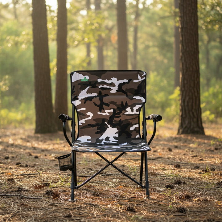 Camouflage-patterned chair in a forest setting