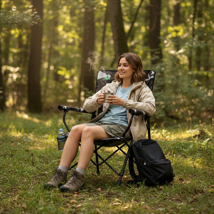 Woman sitting in a camping chair in a forest, holding a mug.
