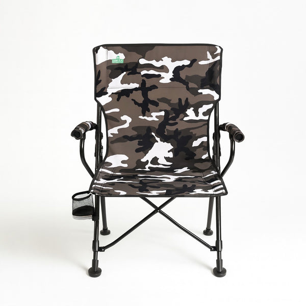 Camouflage-patterned folding chair on a white background