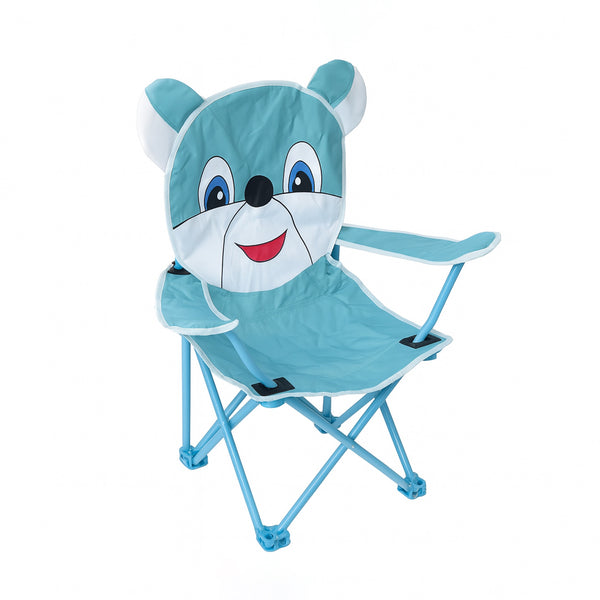 Children's folding chair with a cartoon bear face design on a white background