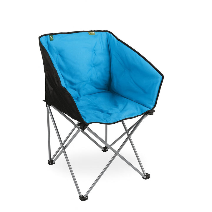 Blue folding chair with black accents on a white background