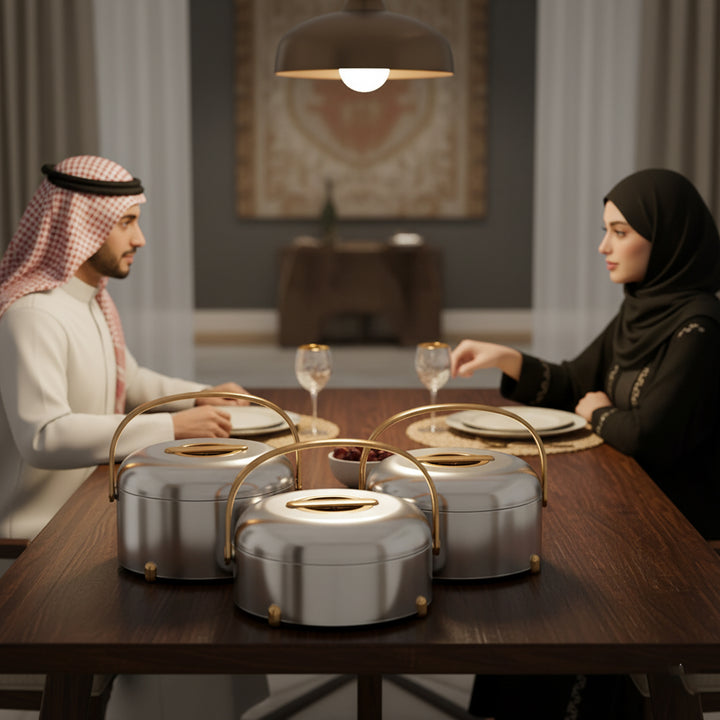 PEL2830111 Hot Pot 3-Piece Set in Matt Silver and Matt Gold Finish (2.5L, 3.5L, 4.5L) – Siddiq Gifts Mussafah Abu Dhabi