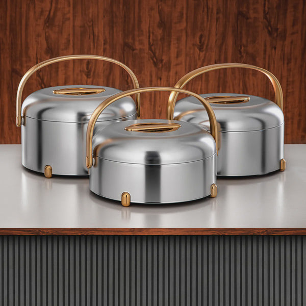 PEL2830111 Hot Pot 3-Piece Set in Matt Silver and Matt Gold Finish (2.5L, 3.5L, 4.5L) – Siddiq Gifts Mussafah Abu Dhabi