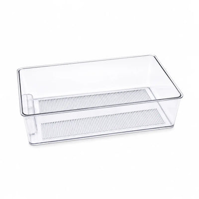 Transparent PET Fridge Organizer Storage Bin With Handle Measuring 36.3 × 20.8 × 11 Cm, Featuring A Spacious Design For Organizing Fruits, Vegetables, Drinks, Snacks, And Packaged Foods In The Refrigerator At Siddiq Gifts.