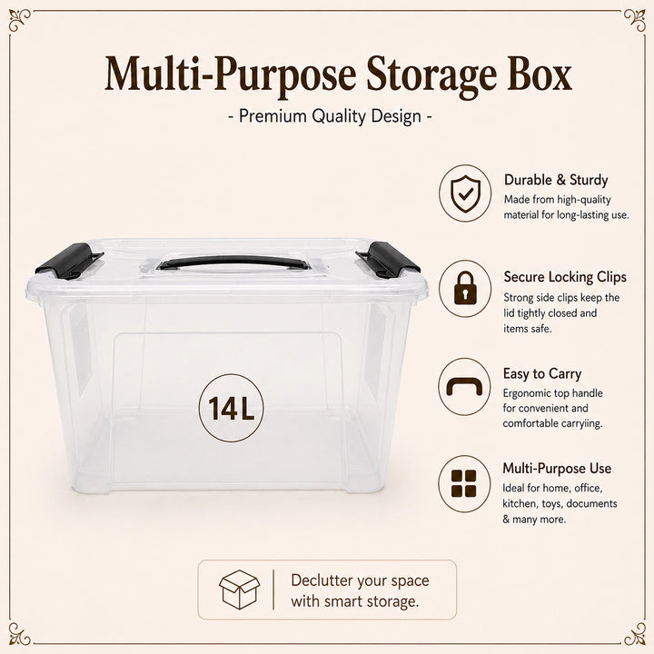 Plastic Storage Box 14L Transparent with Locking Lid Handles | Siddiq Gifts