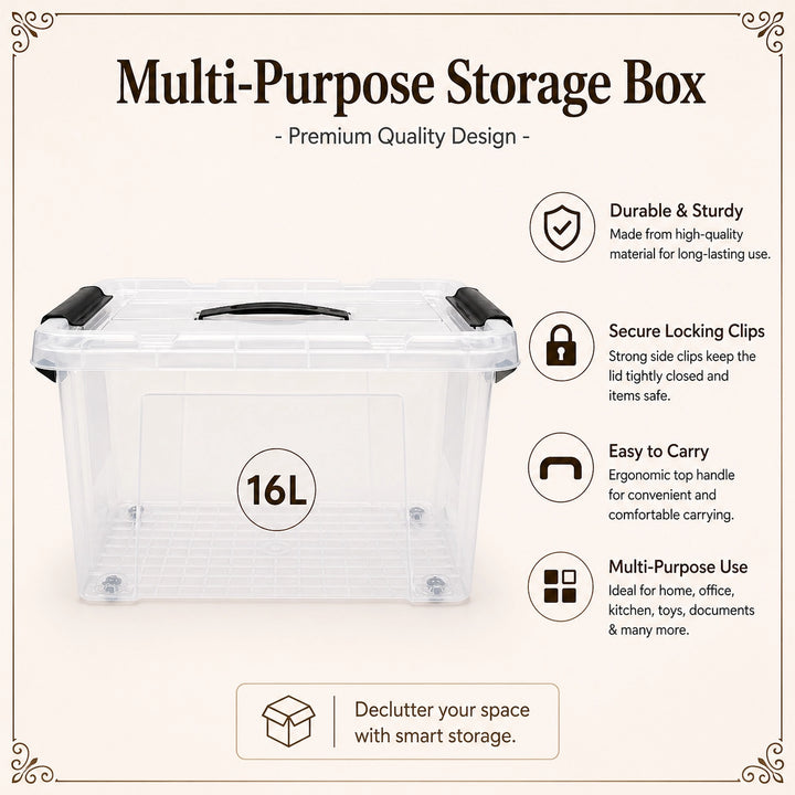 Plastic Storage Box 16L Transparent with Wheels Locking Lid Handles ...