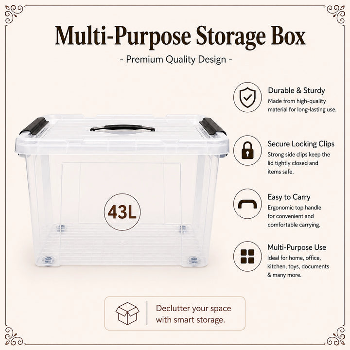 Amazon Box Transparent Plastic Storage Box 43L Transparent with Wheels Locking Lid Handles ...