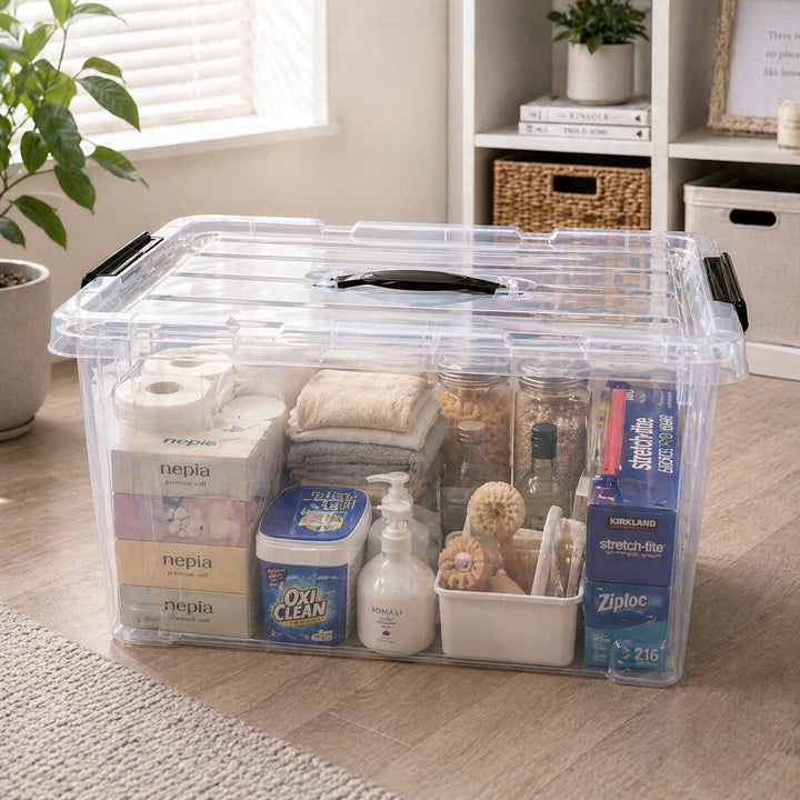 Plastic Storage Box 43L Transparent with Wheels Locking Lid Handles ...