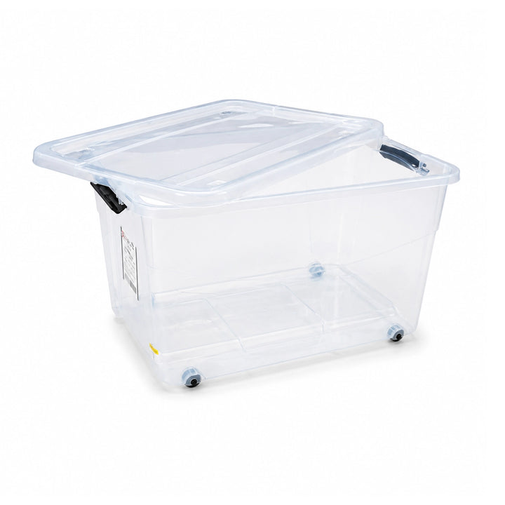 Plastic Storage Box 55L Transparent with Wheels Locking Lid Handles ...