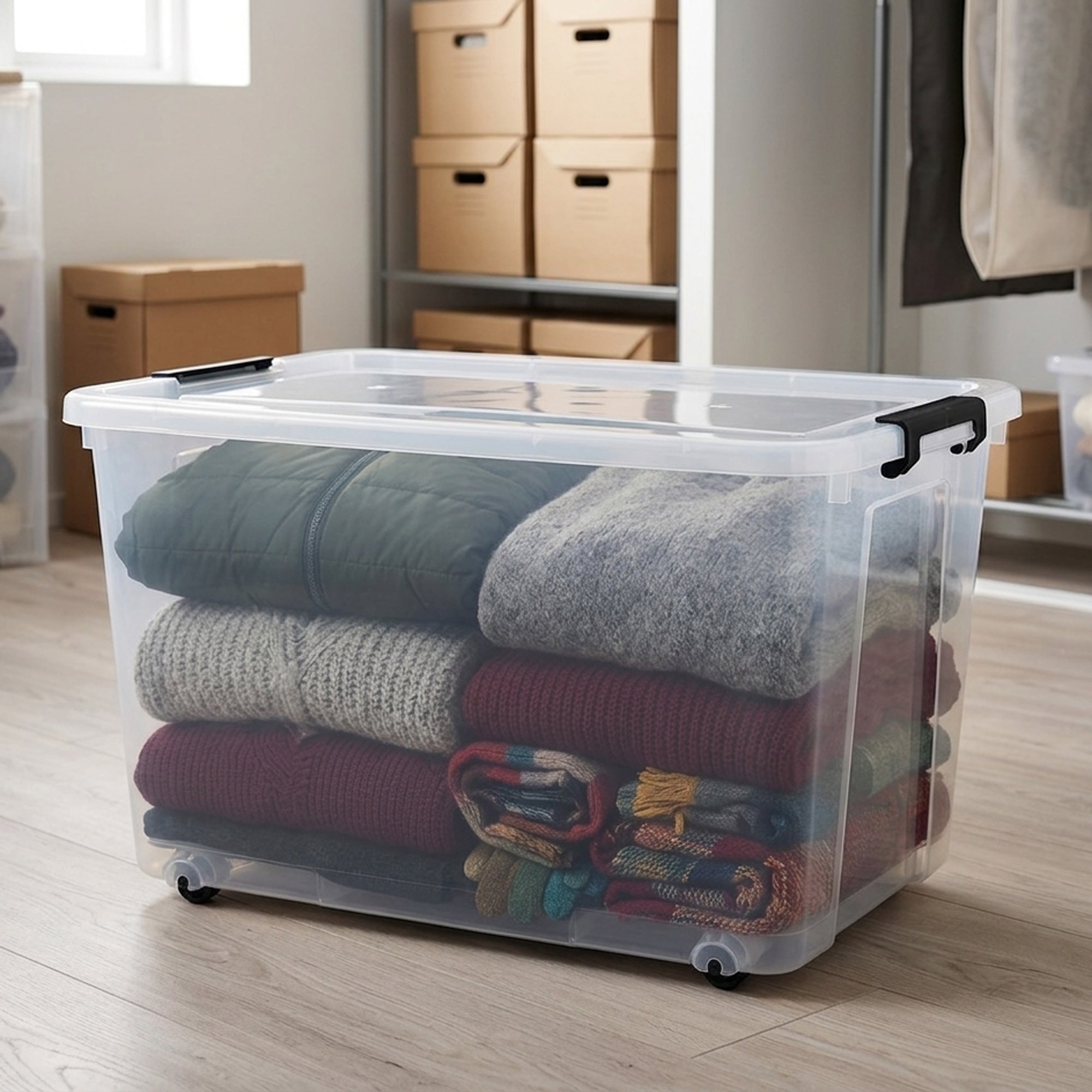 Amazon Box Transparent Plastic Storage Box 55L Transparent with Wheels Locking Lid Handles ...