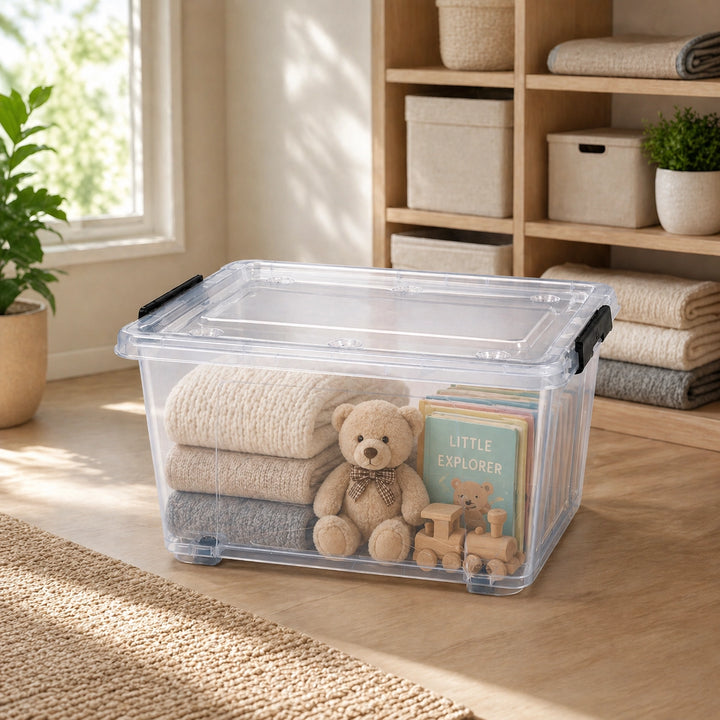 Amazon Box Transparent Plastic Storage Box 60L Transparent with Wheels Locking Lid Handles ...