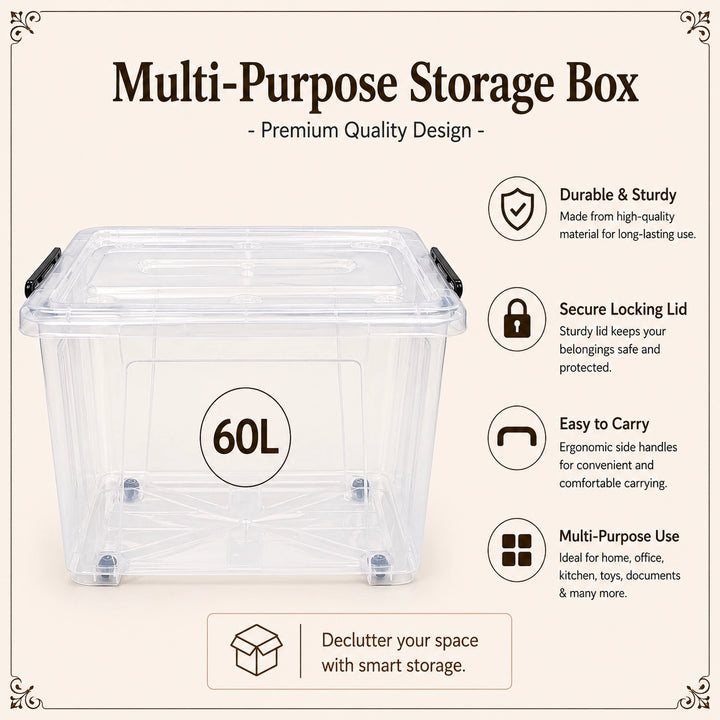 Plastic Storage Box 60L Transparent with Wheels Locking Lid Handles ...