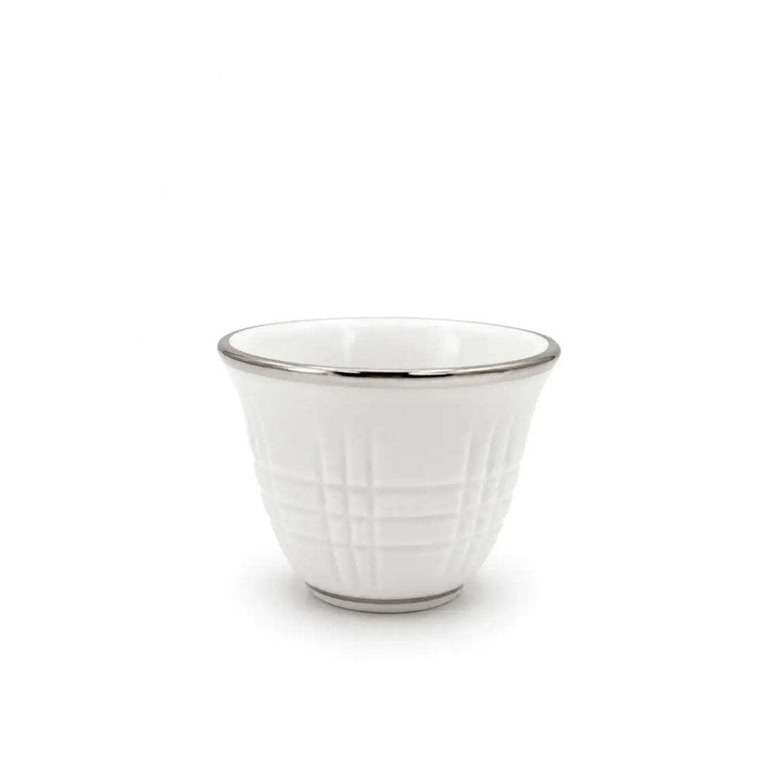 CW32-S Porcelain Cawa Cup Set – 12 Pieces – White Textured Design with Silver Rim