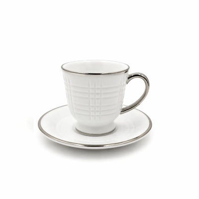 Porcelain Milk Cup and Saucer Set 12 Pieces White Textured Design with Silver Rim by Siddiq Gifts