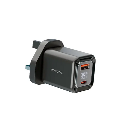 Porodo 35W GaN Dual-Port Fast Charger in Black with USB-C, USB-A, Digital Display, and UK Plug for Fast and Convenient Charging at Siddiq Gifts.