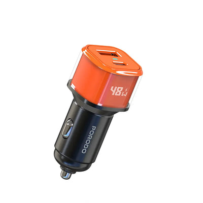 Porodo Averin 48W Dual-Port Car Charger in Orange and Black with USB-C PD 30W and USB-A QC 18W for Fast Charging at Siddiq Gifts.