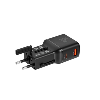 Porodo FWC055 35W GaN Universal Travel Pocket Charger in Black with 35W PD, 18W QC, USB-C, and USB-A for Fast Charging at Siddiq Gifts.