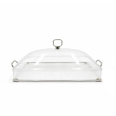 Elegant Rectangular Acrylic Serving Tray With A Clear Dome Lid, Silver Finish, And Convenient Handles, Measuring 40 × 27 Cm And Ideal For Presenting Sweets, Dates, Chocolates, Pastries, And Desserts At Siddiq Gifts.