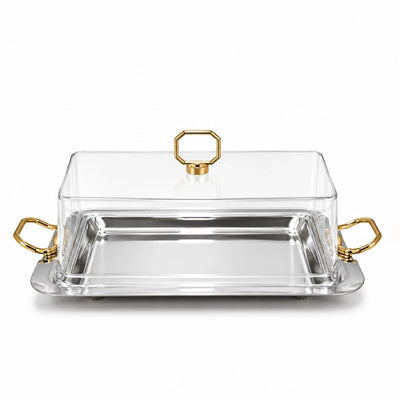 Rectangular Acrylic Serving Tray With Cover 36 x 26 x 13 CM Silver Finish With Gold Handles Siddiq Gifts
