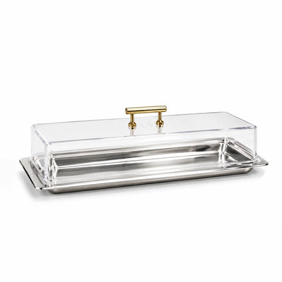 Rectangular Acrylic Serving Tray With Lid 45 x 15 x 12 CM Silver And Gold Finish With Clear Cover Siddiq Gifts