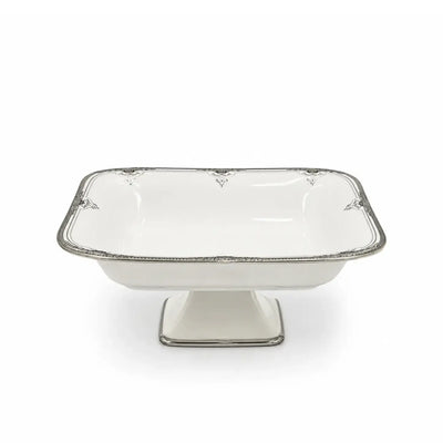 Elegant Rectangular Ceramic Serving Bowl With Stand In White And Silver, Measuring 30 × 22 × 11 Cm And Ideal For Presenting Fruits, Sweets, Snacks, And Treats At Siddiq Gifts.