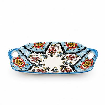Rectangular Ceramic Serving Plate With Handles 10.5 Inch Blue Floral Design Siddiq Gifts