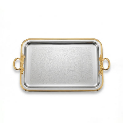 Rectangular Serving Tray 34 x 23 cm Silver with Gold Border and Handles Siddiq Gifts