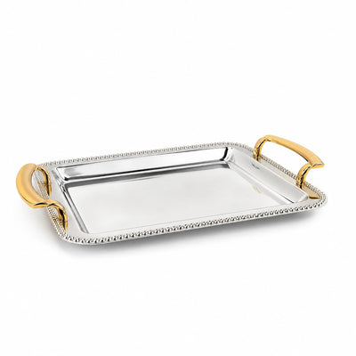 Rectangular Serving Tray 36x26cm Silver Finish with Gold Handles by Siddiq Gifts