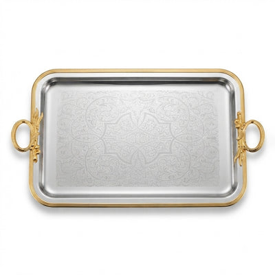  Rectangular Serving Tray 50 x 32 cm Silver with Gold Border and Handles Siddiq Gifts