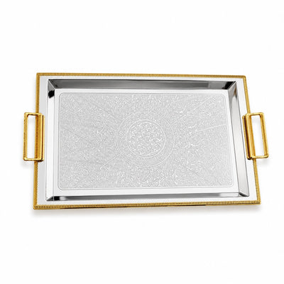  Rectangular Serving Tray 51 x 31 cm Silver with Gold Border and Handles Siddiq Gifts
